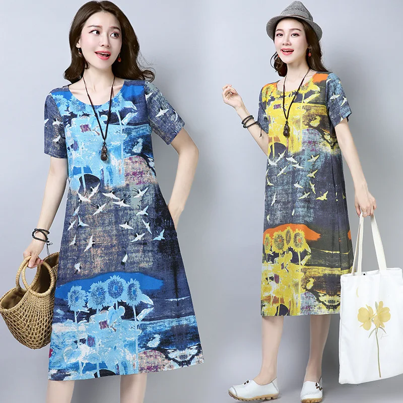 

2019 Summer New Style Elegant Elegant Middle-aged Women Dress Loose And Plus-sized Mid-length Waist Hugging Slimming Printed Cot
