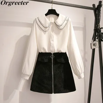 

Spring New Peter pan collar White Shirt and Front Zipper Corduroy Black Short Skirts Two Piece Set Women's Fashion Autumn