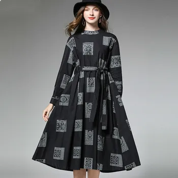 

[LANMREM] 2020 Spring New Products Fashion Long Solid Color Round Neck Plaid Loose Slim Dress Female PA236