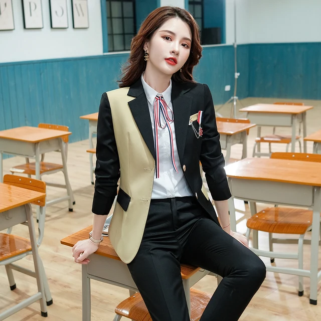 Design Women Pant Suit College Style Jacket Blazer And Trousers 2 Piece Set For Teacher Work Wear