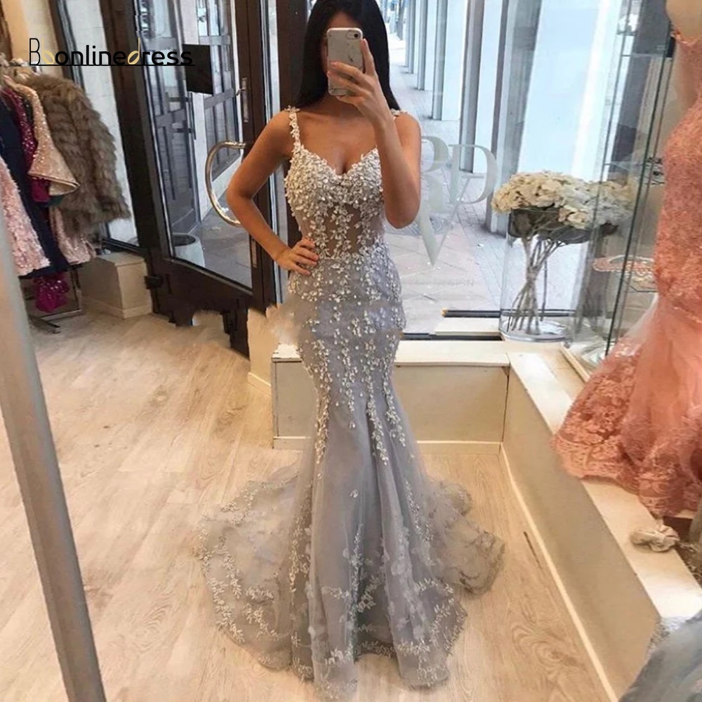 

Party-Gown Silver Evening Dresses Long Lace Appliques Trumpet Evening Dress Spaghetti Strap Formal Gowns robe-de-soiree