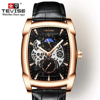 

TEVISE Brand Rectangle Case Men Quartz Watches Fashion Moon Phase 24 Hours Leather Strap Luminous Hands Waterproof Wristwatches