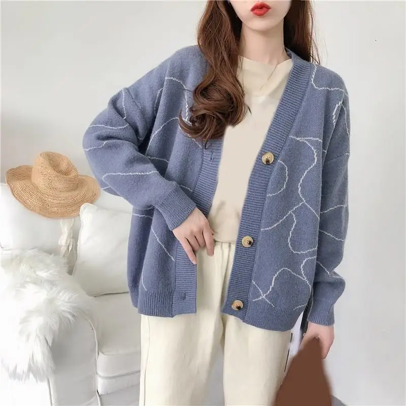

Retrieved Women Random Women Vest Truien V Throat Long Mouw Used Truien Loose Print Geometry Trui
