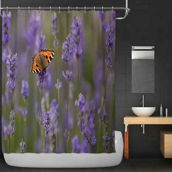 

Small Tortoiseshell on Lavender Flowers Shower Curtain,078766 with Hooks,84''W x 72''H