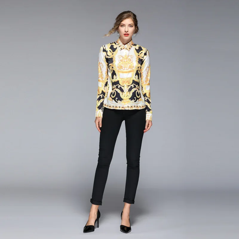 

Photo Shoot 2019 New Style Europe And America Fold-down Collar Long Sleeve-Style Palace Style Bow Printed Shirt