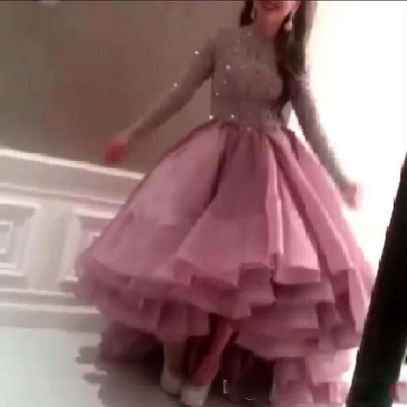 

Evening Lace Sparking Beads/Sequins Long Sleeve Organza High Front Low Back Ruffle 2018 Prom gown mother of the bride dresses