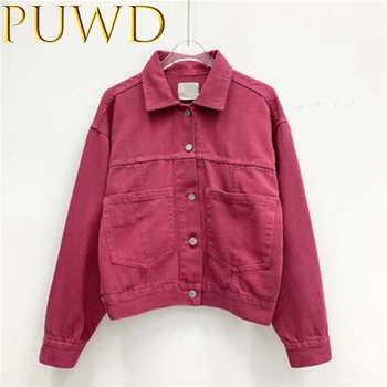 

PUWD 2020 Spring new women's pocket denim single breasted coat four color fashion loose jacket Light brown