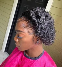 Beeos-peluca corta con rulos de corte Pixie 250%, 4x4, pelucas de cabello humano brasileño Remy, cabello humano de 8 pulgadas prearrancado con pelo de bebé