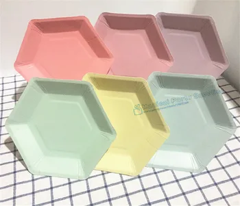 

12pcs Colorful Paper Plates Dessert Hexagon Dishes Macarons Mint Blue Pink Yellow Wedding Bridal Shower Bachelorette Party Favor