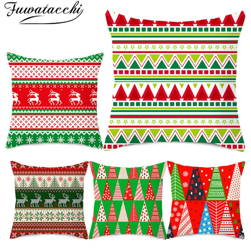 

Fuwatacchi Christmas Day Gift Cushion Cover Blue Green Plaid Printed Pillow Cover for Home Chair Decoration Throw Pillowcases