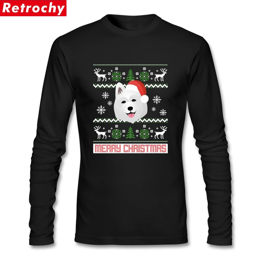Уличная одежда Samoyed Santa Snow футболки с рождественским узором мужские с длинным рукавом хлопок круглый воротник Camisetas для молодежи - Цвет: Черный