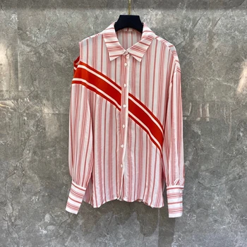 

2020 Spring and Summer New Women's Lapel Diagonal Stripes Color Decorative Long Sleeve Wild Blouse Shirt 412