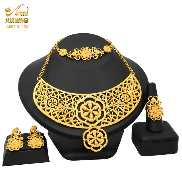 Indian Jewelry Set Wedding 24k Gold Color African Jewelry Dubai Bridal Sets Nigerian Necklace Bracelet Earring Gold Jewellery S-208-Gold