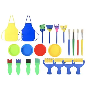

22 Pack Kids Painting Brushes Sponge Drawing Set with Paint Bowls, Sponge Foam Brushes and Waterproof Apron for Children