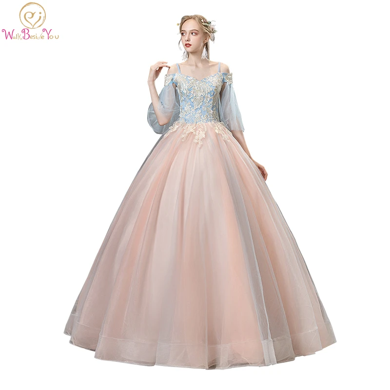 

Vestidos De 15 Anos Quinceanera 2020 Blue-pink Tulle Spaghetti Strap Off Shoulder Half Sleeve Ball Gown Lace Applique Party Gown