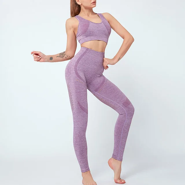 Purple Бесшовный комплект для йоги, женская одежда для спортзала, фитнеса, спортивный бюстгальтер+ леггинсы с высокой талией, 2 шт., костюм для йоги, тренировочная Спортивная одежда для тренировок - Цвет: Purple
