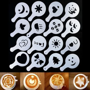 

16Pcs Fashion Cappuccino Coffee Barista Stencils Template Strew Flowers Pad Duster Spray