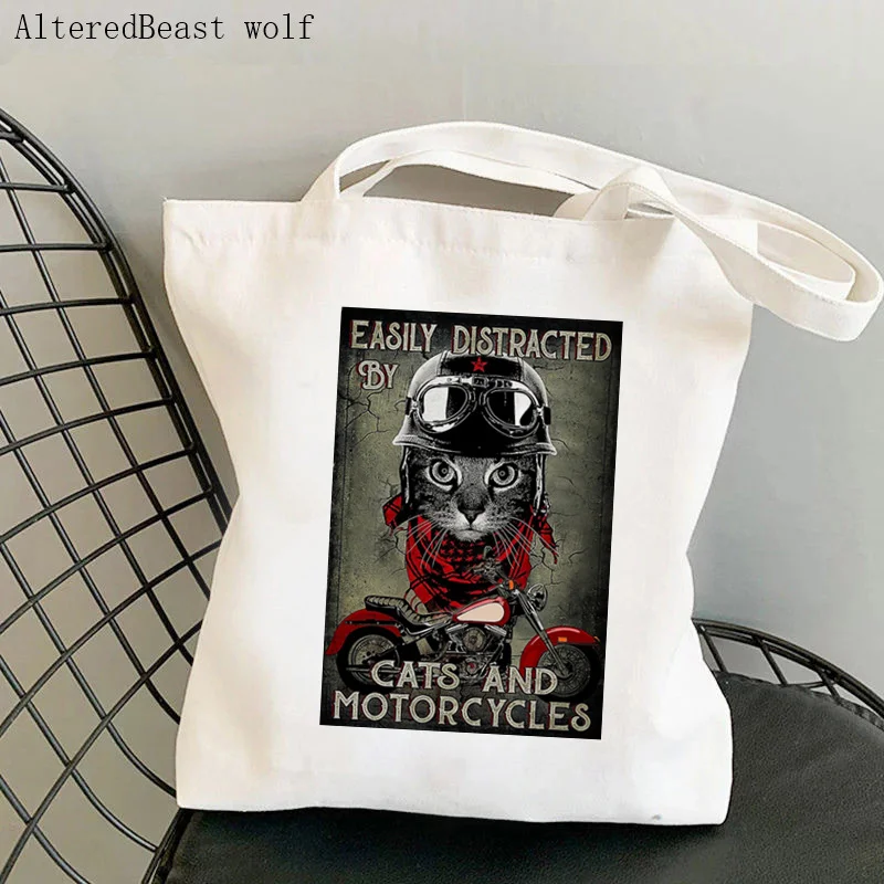 Women Shopper bag Easily distracted by cats and motorcycles black cat Bag Harajuku Shopper girl handbag Tote Shoulder Lady Bag