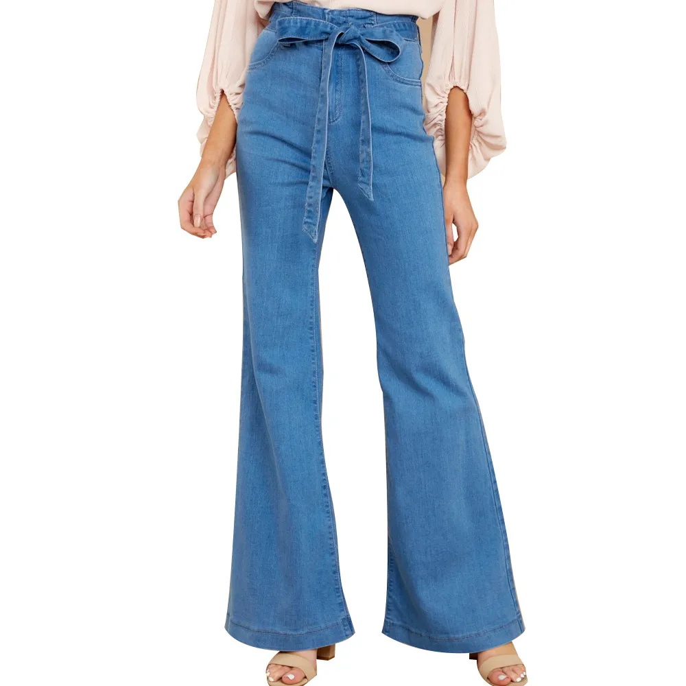 

2019 Tie Waist Flare Jeans Denim Women Trousers Vintage Wide Leg Jeans High Waist Pants Slim Fit Belted Stretchy Jeans