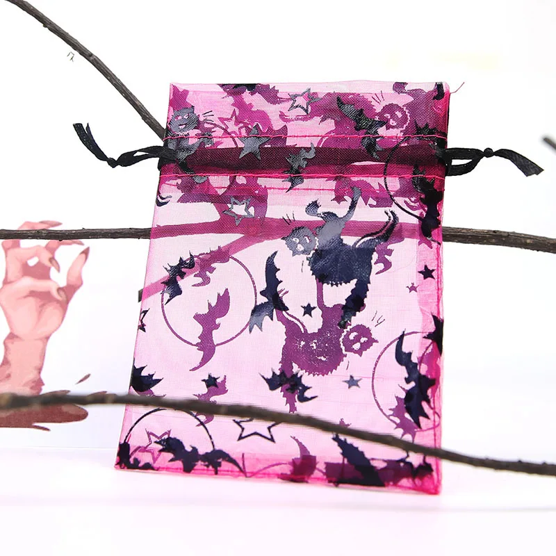9 * 12cm Halloween Pattern organza gift bag fun horror pumpkin spider hot stamping hot drawstring bag 100pcs