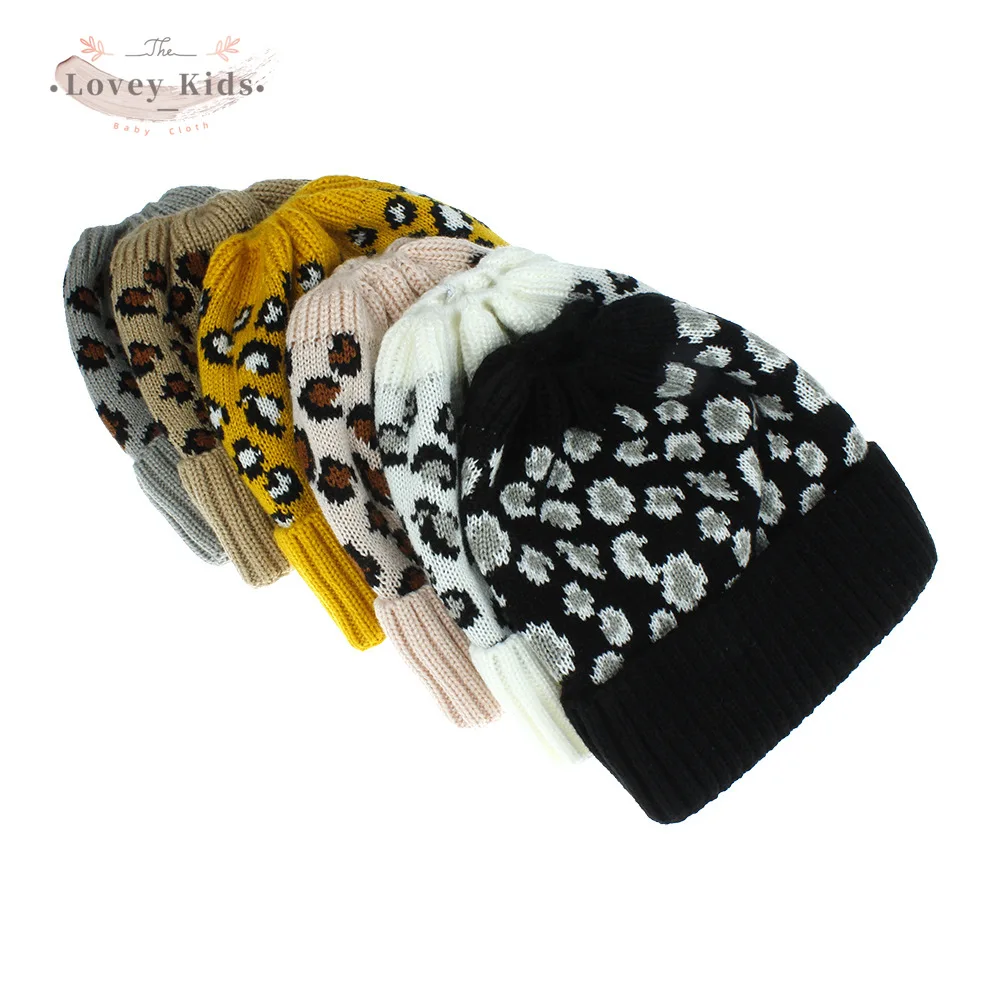 

2020 Autumn Winter Baby Girl Toddler Cute Knitted Warm Hat Fashionable Leopard Print Pattern Plush Windproof Wool Cap
