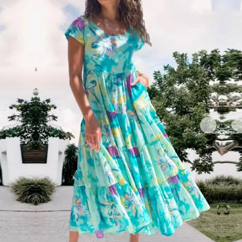 Summer Women Boho Dresses 2021 Plus Size Tie Dye Green Print Short Sleeve Loose Dress Flowy O-Neck Beach Evening Party Dress 1