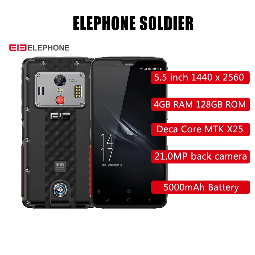 Elephone Soldier 4G смартфон 5 дюймов Android 8 0 MTK X25 4 Гб ОЗУ 128 ПЗУ 5000 Мп задняя камера IP68 мАч