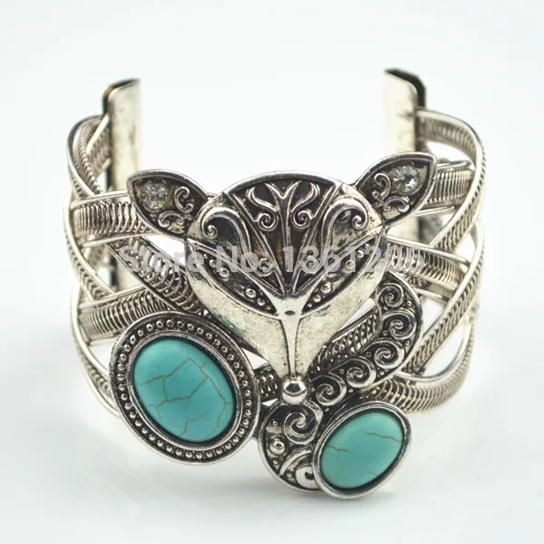

BC23-31------ Stone Cuff Bracelet Fox Animal Bangle Jewelry Factory Price Vintage Tibet Alloy wholesale