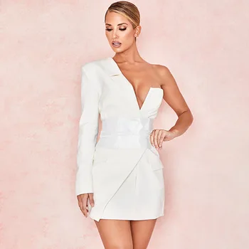 

2020 Autumn Women One Shoulder Blazers Long Sleeve Patchwork Hidden Breasted Black Blazer Casual Outerwear Sexy Coat and Jackets