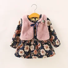 Осенне-зимние комплекты одежды принцессы для маленьких девочек платье трапециевидной формы в клетку с оборками и цветочным принтом+ меховой жилет