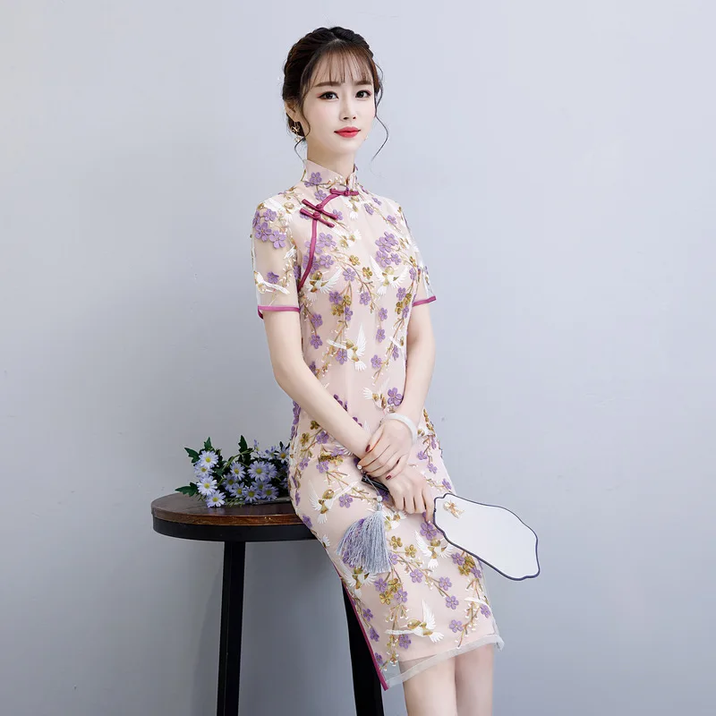 Женское платье Ципао с вышивкой, длиной до колена, с цветочным узором, в китайском стиле, короткое, стильное, Сетчатое платье, Vestido, Размеры s m l xl XXL 617784