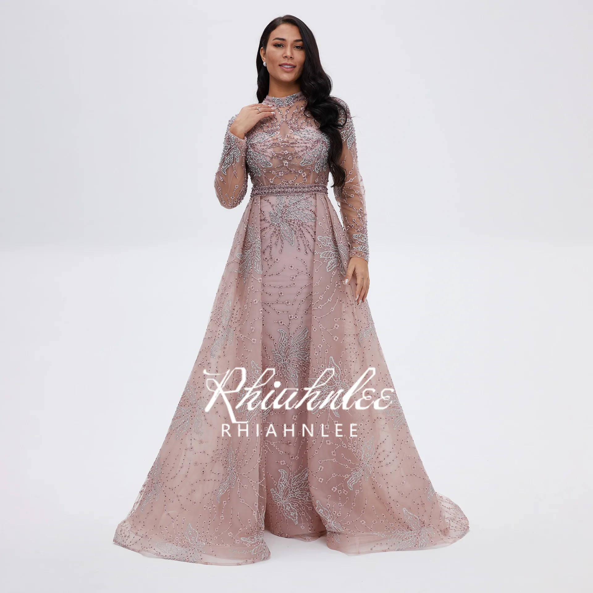 New Arrival Long Sleeve Evening Dresses High O Neckline Lace Styles Dubai  Pink Formal Gowns evening dresses for weddings