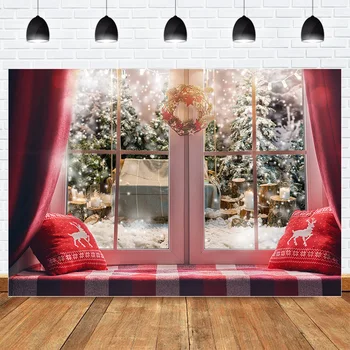

Winter Christmas Window Photography Backdrop Red Merry Christmas Snow Background for Photo Studio Curtain Candle Snow Landscape