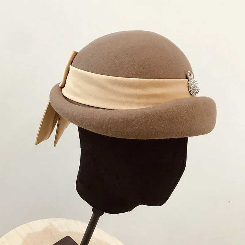 Женская Ретро шерстяная шляпа с верхними полями, лента, французский стильный берет, шапка для леди, супер теплая зимняя шапка, шляпа для церкви, свадебное платье, шляпа-федора