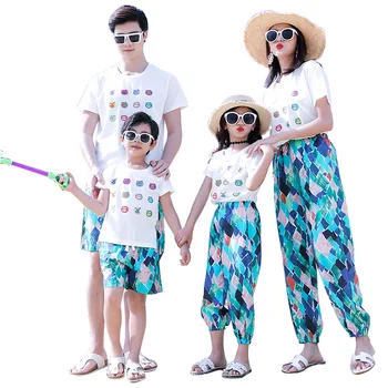 

Family outfits clothing Summer woman daughter man son cotton cartoon White T shirts & Beach Pants 2pcs/sets family look