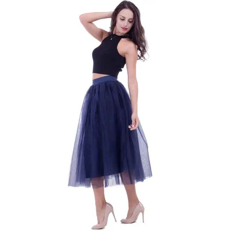 

Womens 4 Layers High Waist Midi Long Tutu Skirt Pleated Solid Color Mesh Ballet Dance Wedding Prom Party A-Line Petticoat BX0A