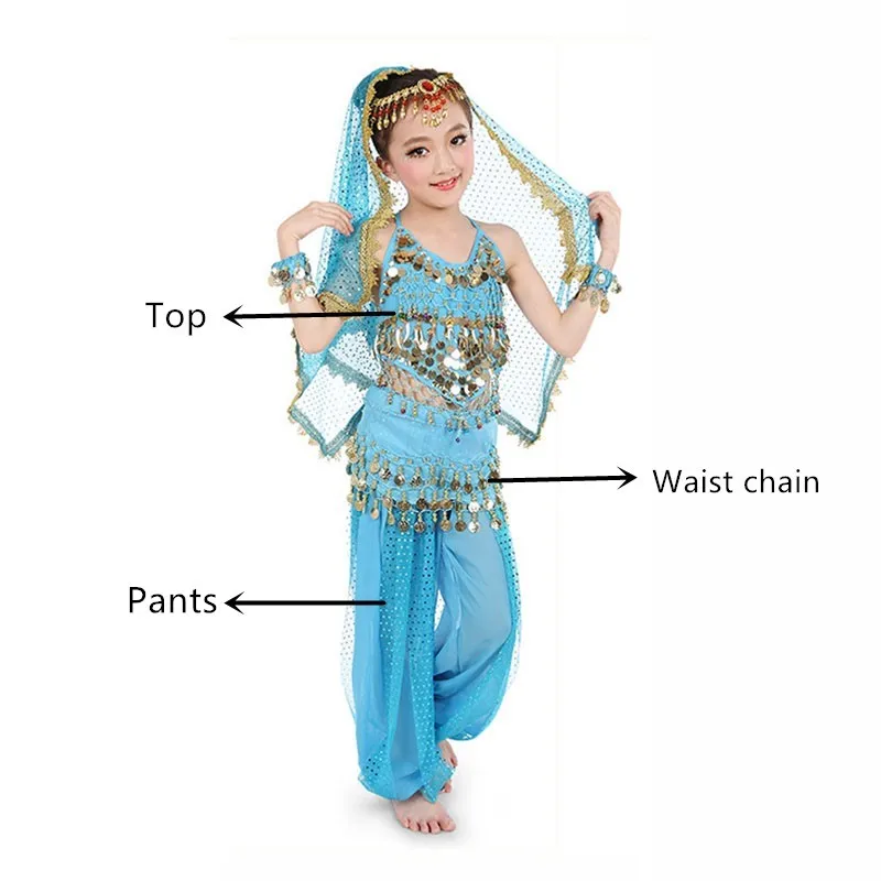 Blue 3 pcs 8 цветов детский набор костюма для танца живота Восточные Танцевальные Костюмы Девушки Египетский Болливуд индийский танец живота одежда - Цвет: Blue 3 pcs