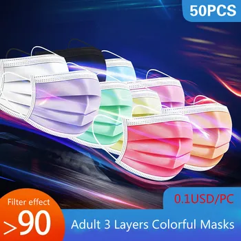 

50pcs Disposable Colorful Masks 3-layer Elastic Earhook Mouth Mask Breathable Dustproof Face Mask In Stock Ship Within 24hours