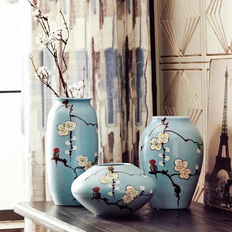 

Jingdezhen New Chinese Style Ceramic Vase Three-piece Set Soft Loading Home Crafts Hand-Painted Vase Creative Decoration