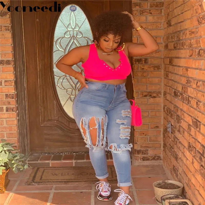 Yooneedi Autumn Design Sexy Plus Size Women Jeans Color Solid Hole Ladies Denim Pants TY-002