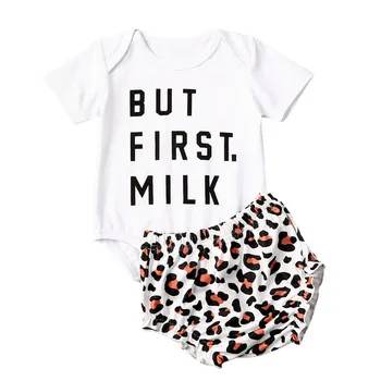 

2020 Summer Toddler Baby Girl 2 Pieces Clothes Letter Print Short Sleeve Romper Tops Leopard Shorts Outfits Set 0-24M