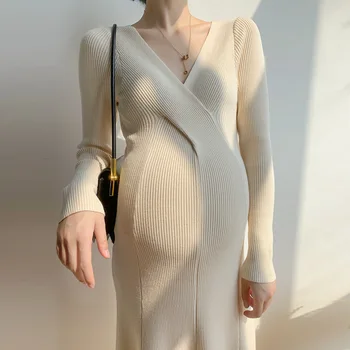 Women Knitted Maternity Dresses Plus Size Elasticity Daily Clothes Winter Long Sleeve Photography Pregnancy Dress Inside Cloth