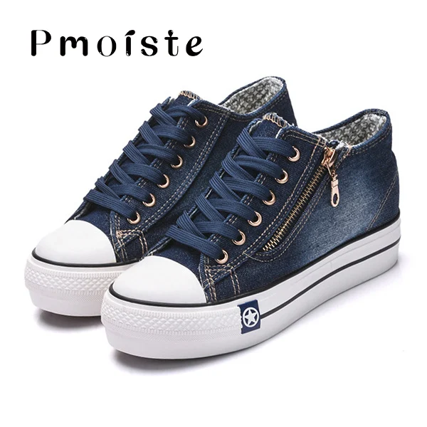 Blue Модная Джинсовая обувь для девочек; сезон весна-осень; неглубокие кружевные туфли на мягкой платформе; Женские однотонные Прогулочные кроссовки на молнии - Цвет: Blue