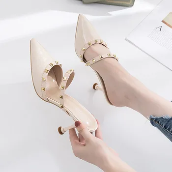 

Women's rivet baotou half slippers wild high-heeled shoes summer breathable thin high-heeled 8cm sandals female FC-03