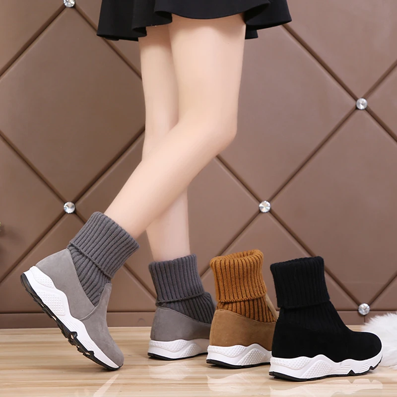 New Ladies Winter Knit Sneakers Women Shoes Designer Winter Sneakers Fur Warm Plush Sport Sock Boots Casual Shoes Female