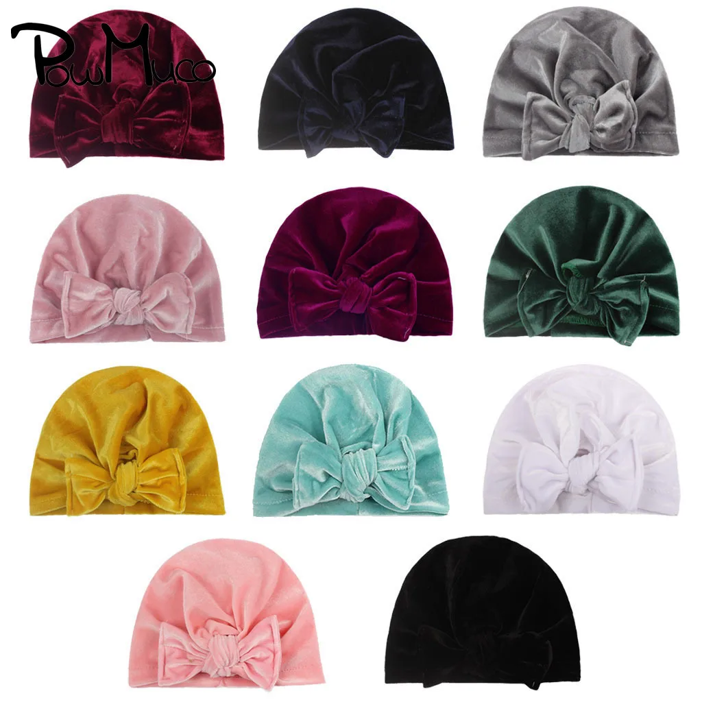 

Powmuco 17.5*13.5 CM Super Soft Velvet Baby Girls Hats Solid Color Handmade Bowknot Caps Knotted Headwear Kids Photography Props
