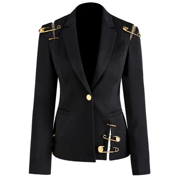 

Hollow Out Patchwork Lace Up Women's Blazer Notched Long Sleeve Slim Elegant Female Suit 2019 Autumn Fashion New