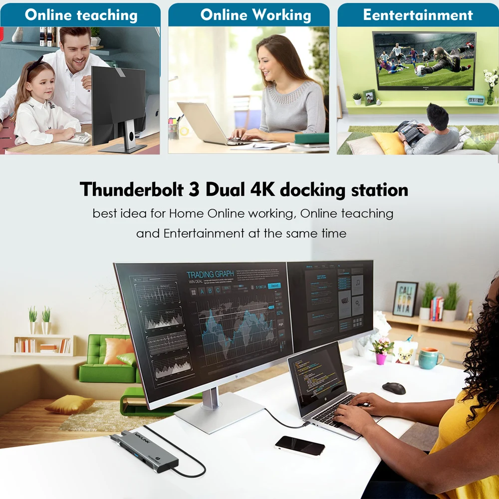 Док станция Wavlink Thunderbolt 3 USB C Dual 4K @ 60Hz DisplayPort с 0 Gigabit Ethernet для ноутбука Macbook