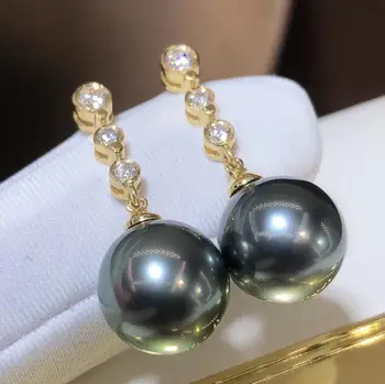 

D410 Pearl Earrings Fien Jewelry Solid 18K Gold Natural 10-11mm Ocean Sea Water Round Tahiti Pearls Earrings for Women