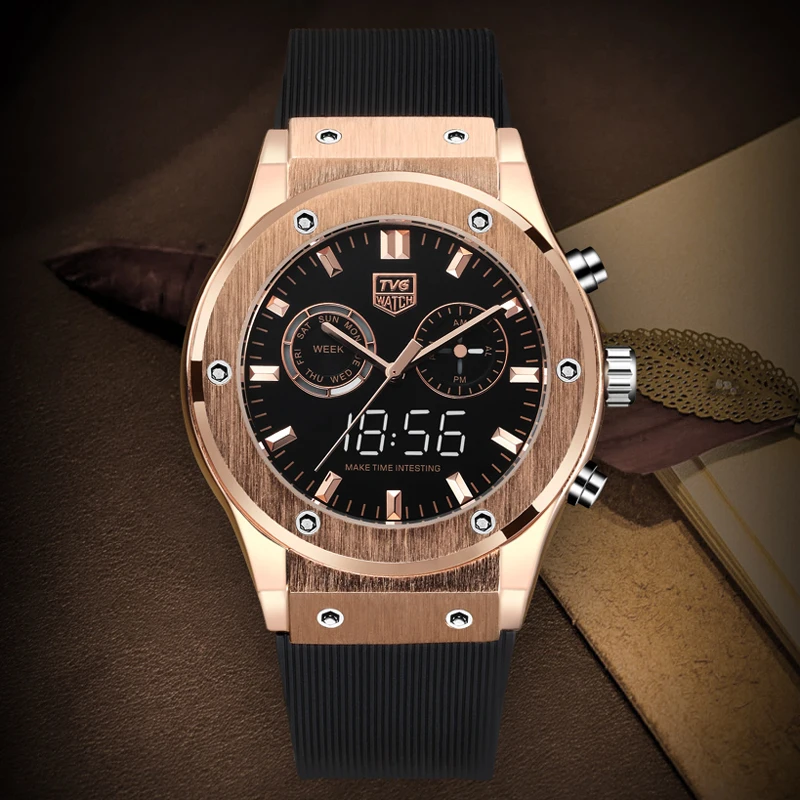 

2019 Men Watches TVG Luxury Sport Brand Men Watches Rose Gold Dual Dispaly Quartz Military Watch horloge mannen reloj de hombre